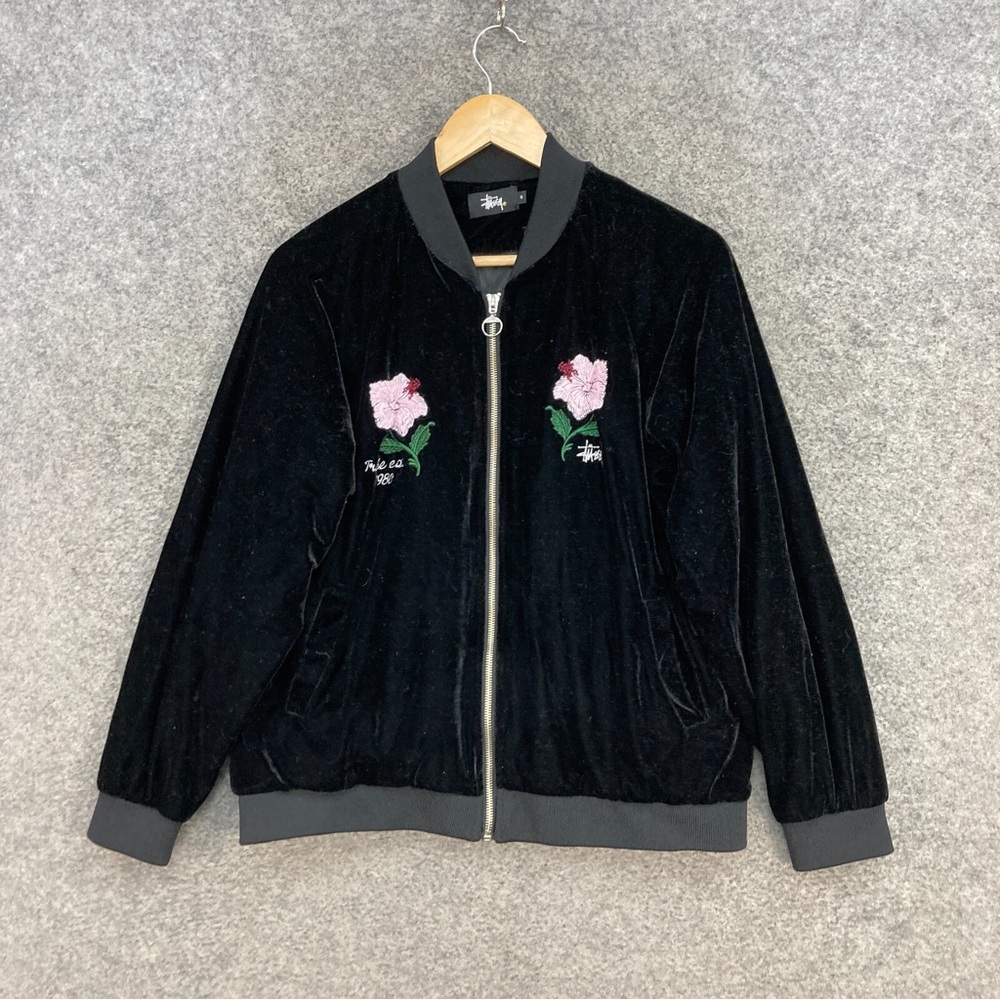Stussy Black Velvet Bomber Jacket with Pink Floral Embroidery